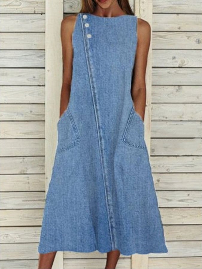 Crew Neck Sleeveless Washed Denim Dress