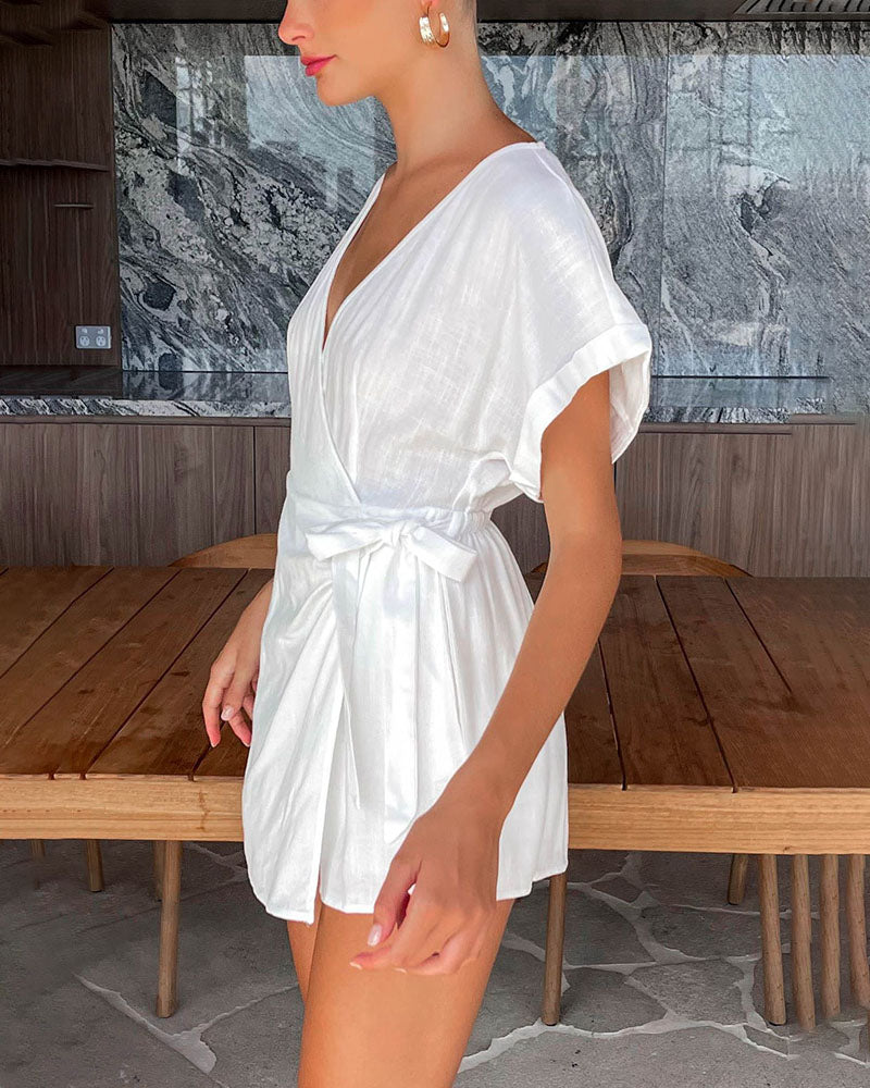 Casual Cotton Linen V Neck Tie Jumpsuit Shorts