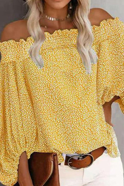 Off-The-Shoulder Balloon Sleeve Print Blouse