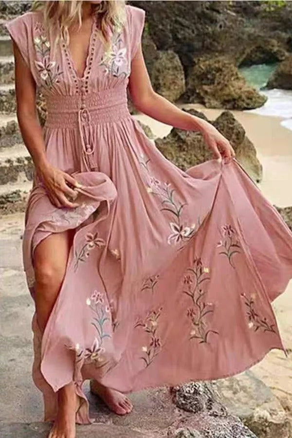 Blossom Gown – Maxikleid im Boho-Stil mit V-Ausschnitt und Quaste