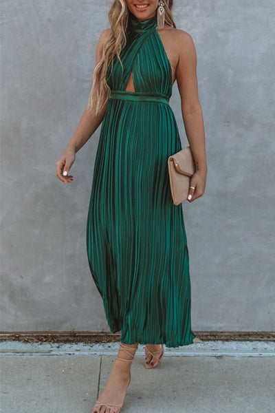 KOLLINS PLEATED HALTER MIDI DRESS - HUNTER GREEN