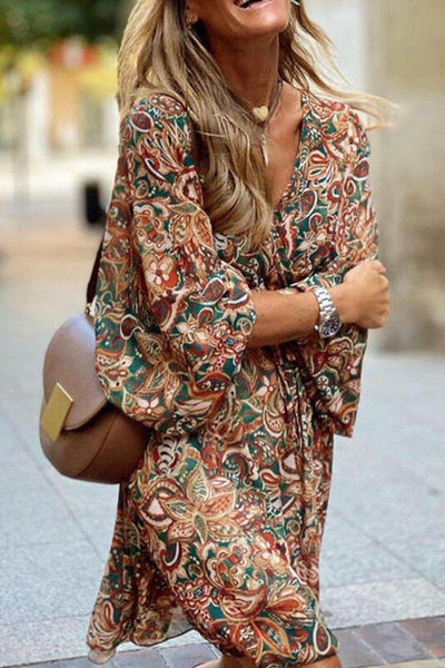 Print 3/4 Sleeves Dropped Shoulder A-Line Above Knee Casual Dresses