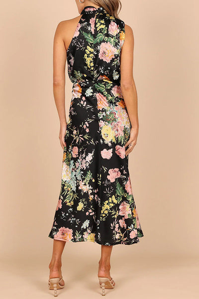 Temperament hanging neck printed satin dress