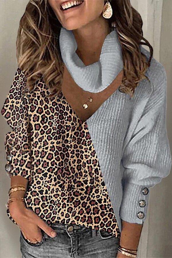 Leopard Print Color Matching Elegant Hollow V High Neck Loose Knit Sweater