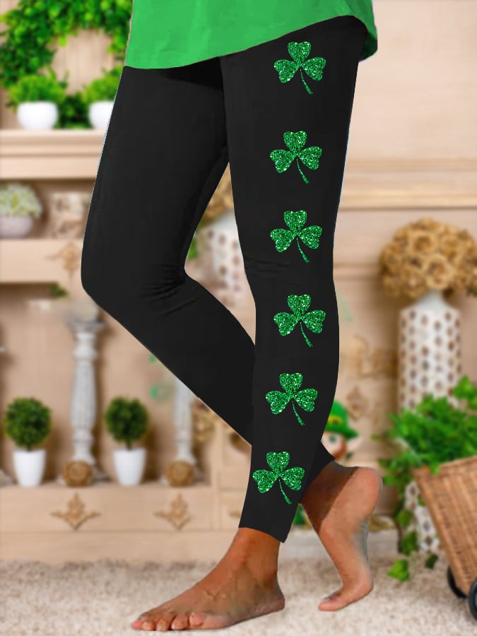 Stretch-Leggings für Damen zum St. Patrick's Day mit Glitzer und Kleeblatt-Print 