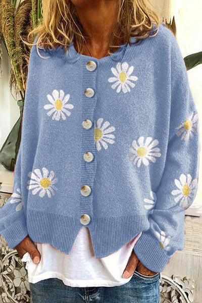 Round Neck Floral Embroidery Knitted Sweater Cardigan