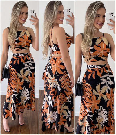 Leaves Print Halter Slim Top & Long Skirt Two Piece Set