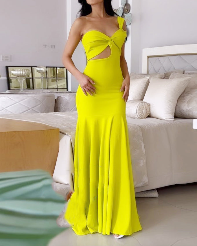 One Shoulder Hollow Solid Color Dress