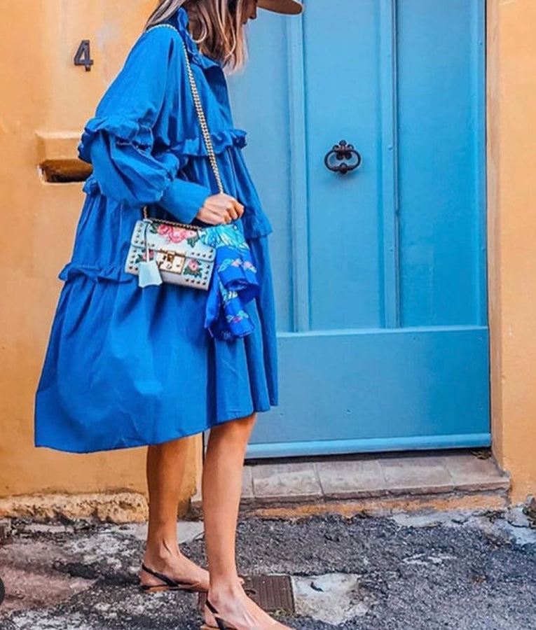 Klein Blue Flouncing Ruffled Stitching Dress