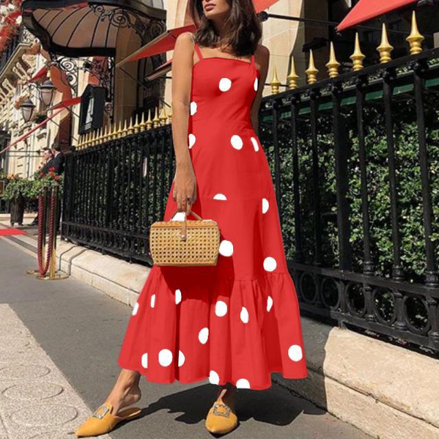 Polka Dot Sling Fashion One-Line Neck Dress