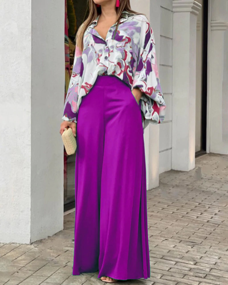 Casual Print Shirt & Wide Leg Pants Two-Piece Set