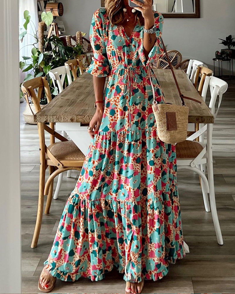 Casual V-Neck Printed Maxi Dress