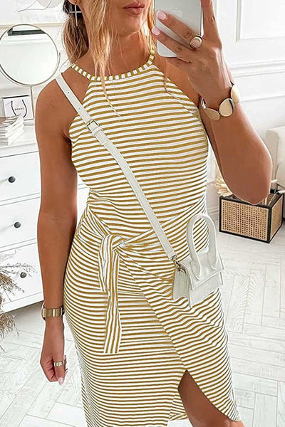 Striped Casual Sleeveless Halter Slim Fit Lace-Up Slit Midi Dress