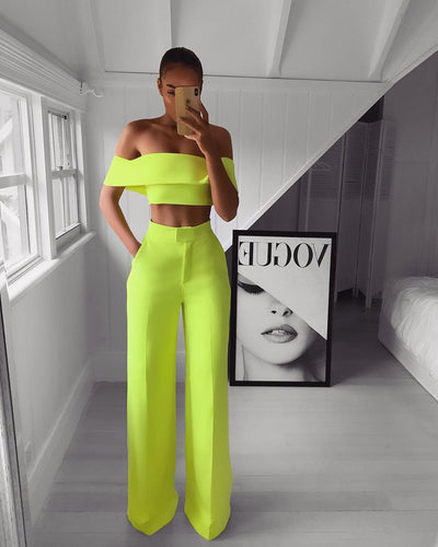 One-Shoulder Crop Top & Mopping Pants Two-Piece Suit