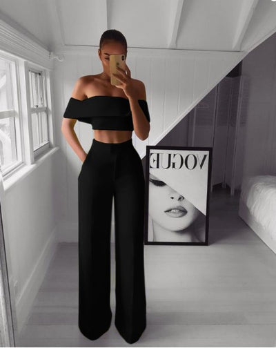 One-Shoulder Crop Top & Mopping Pants Two-Piece Suit