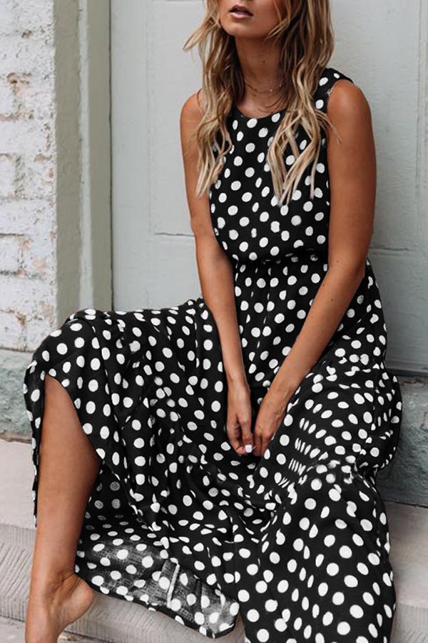 Summer Sweet Polka Dot Print Crew Neck Sleeveless Dress