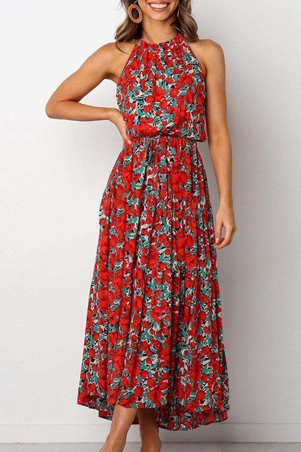 Halter Neck Print Lace-Up Maxi Dress