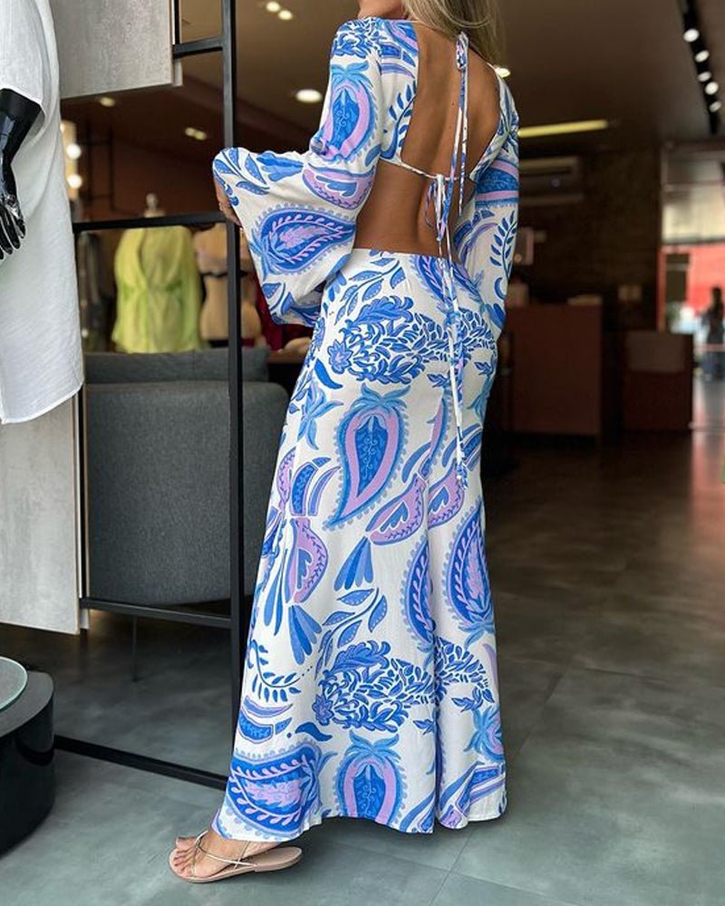 Casual V-neck Hollow Trumpet Sleeve Printed Dress