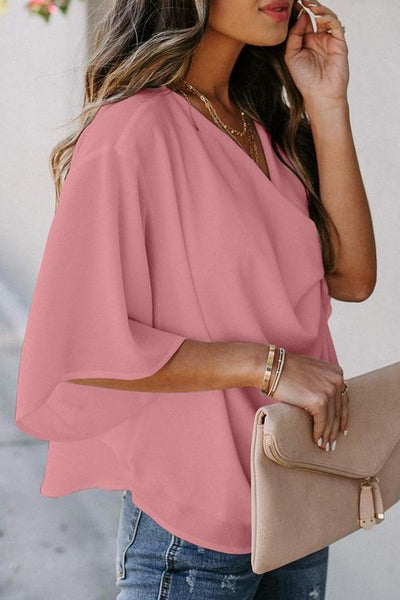 Solid Draped V-neck Half Sleeves Casual Blouse