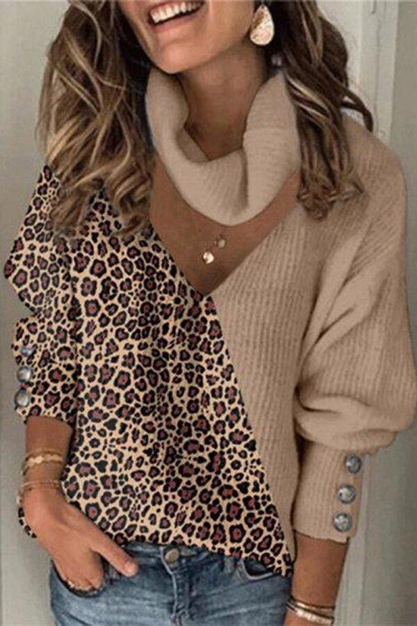 Eleganter, lockerer Strickpullover mit Leopardenmuster, farblich passender Hohl-V-Ausschnitt und hohem Hals