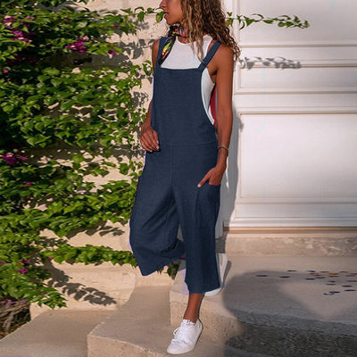 Cotton Linen Casual Loose Suspender Jumpsuit