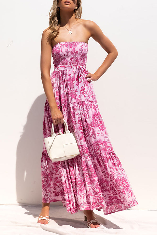 Strapless Backless Lace Up Print Maxi Dress