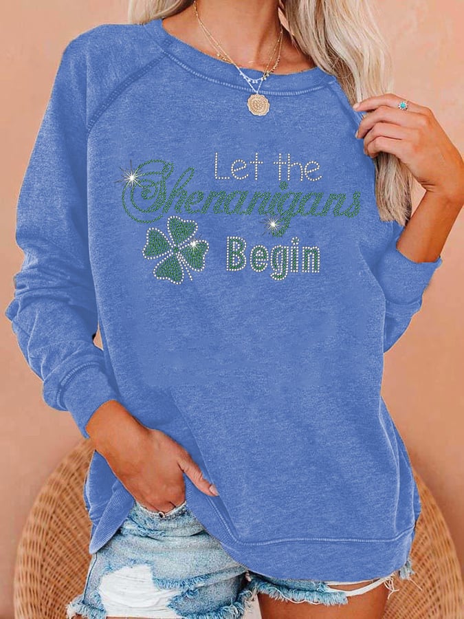 Women's Let The Shenanigans Begin Bling Lucky Shamrock Printed Sweatshirt