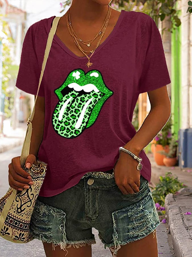 Women's St Patrick's Day Dripping Lips Shamrock Lips Printed Casual V-Neck Tee