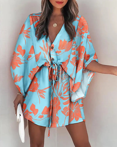 Casual V-Neck Open Waist Printed Mini Dress