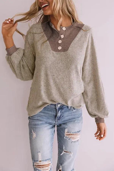 Button Contrast Color Stitching Sweater