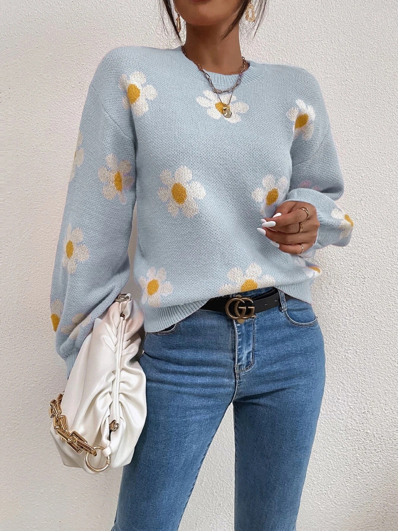 Floral Round Neck Jacquard Knitted Sweater Women's Top