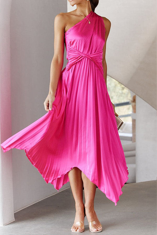 Satin One Shoulder Pleated Midi Dress