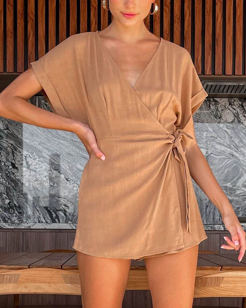 Casual Cotton Linen V Neck Tie Jumpsuit Shorts