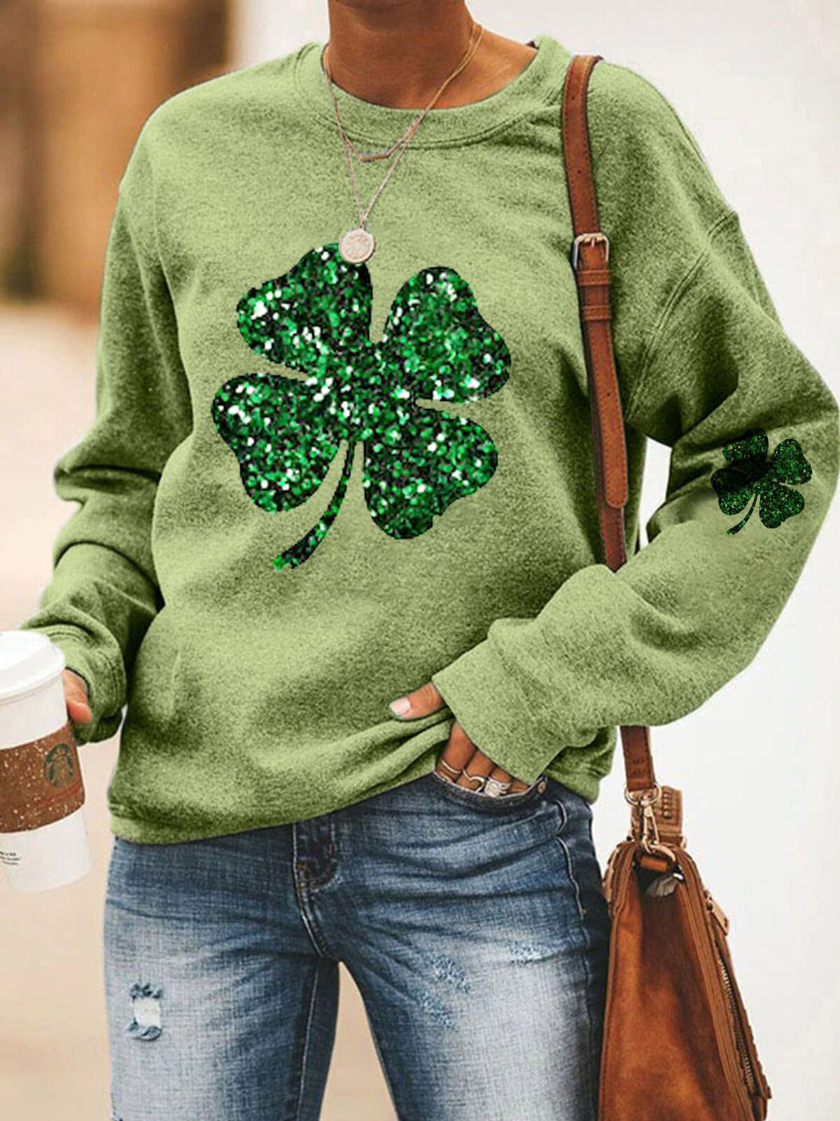 Lässiges Sweatshirt mit glitzerndem Kleeblatt-Print für Damen zum St. Patrick's Day 