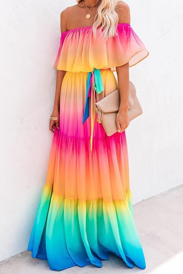 Elegant Off Shoulder Rainbow Maxi Dress