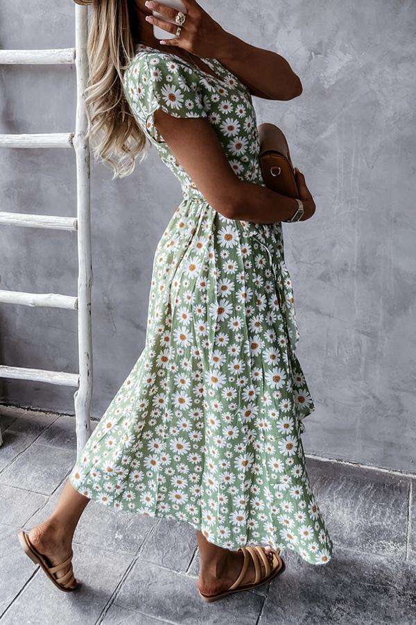 Floral V-neck Wrapped Midi Dress