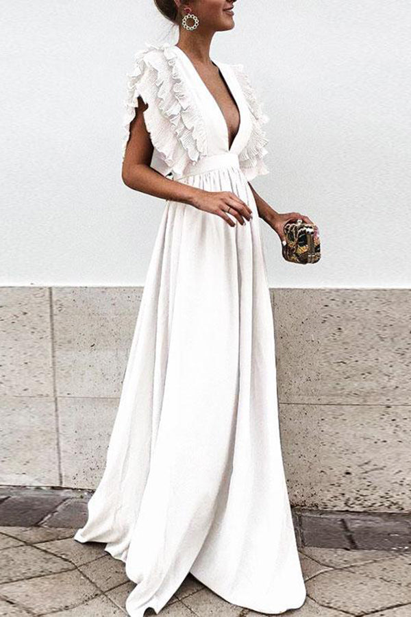 Elegant V-neck Frill High Waist Maxi Dress