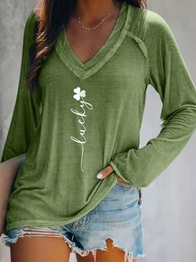 Women's lucky lucky clover V-neck casual T-shirt