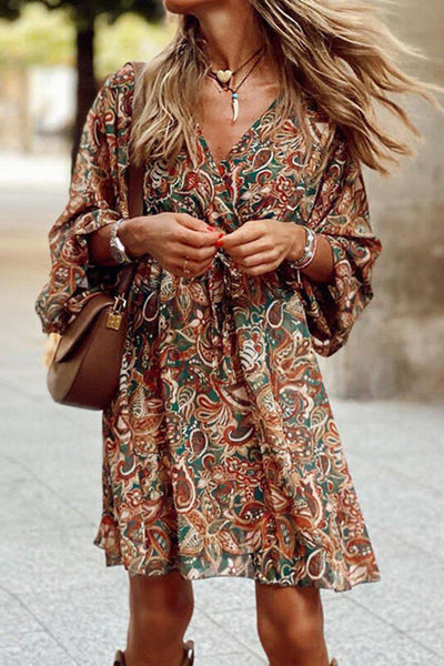 Print 3/4 Sleeves Dropped Shoulder A-Line Above Knee Casual Dresses