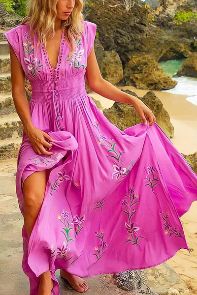 Blossom Gown – Maxikleid im Boho-Stil mit V-Ausschnitt und Quaste