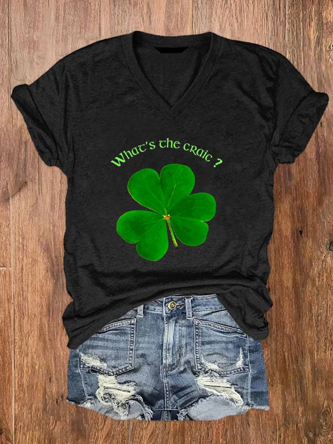 T-shirt à manches courtes et col en V What's The Craic de St. Patrick's pour femmes 