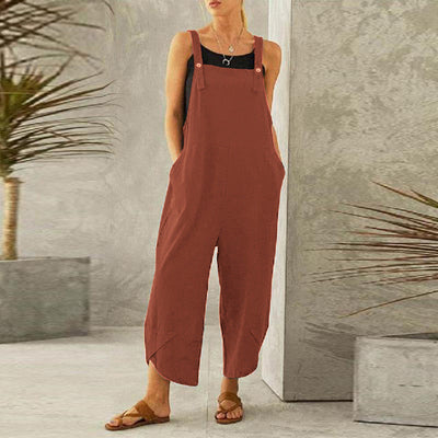 Women's New Solid Color Casual 9-point Suspender Pants