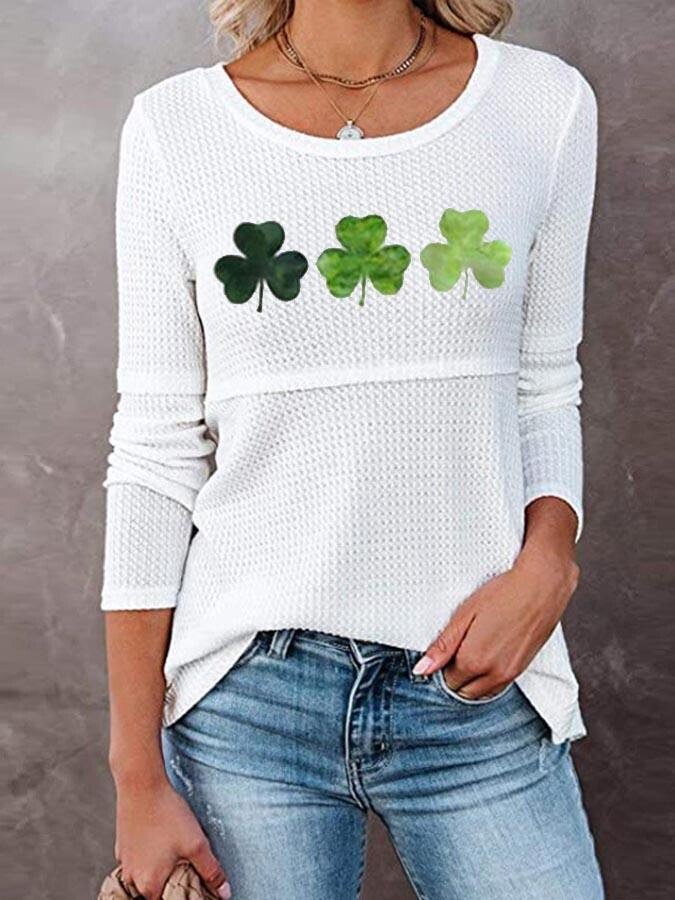 T-shirt à manches longues et col rond à imprimé Lucky Clover pour femme St Patrick's Day 