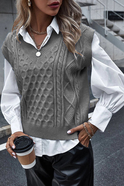 Women's Fashion Knitted Vest New Vest Sleeveless Cable V-neck Top