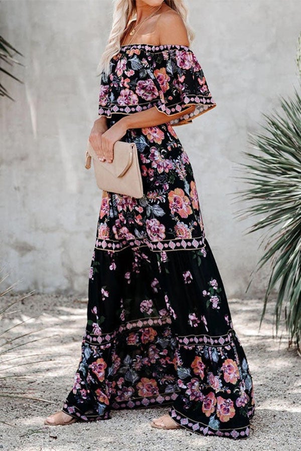 Ruffle Off Shoulder Tie Waist Printed Maxi Dress