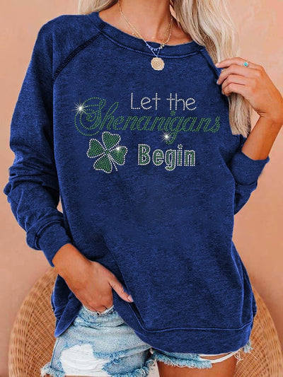 Women's Let The Shenanigans Begin Bling Lucky Shamrock Printed Sweatshirt