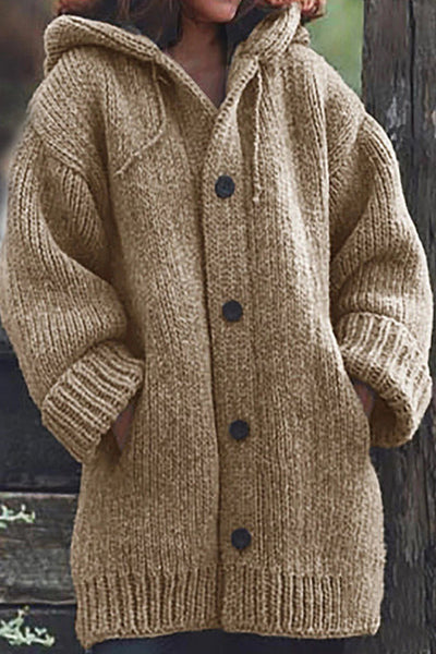 Cardigan décontracté à capuche boutonné avec poche de couleur unie