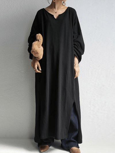 Lockeres, lässiges Baumwoll-Leinen-Kleid für Damen 