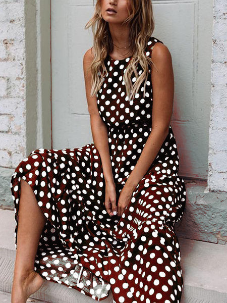 Summer Sweet Polka Dot Print Crew Neck Sleeveless Dress