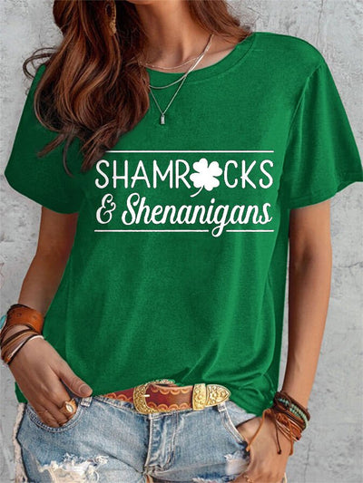 Lässiges T-Shirt mit Shamrocks- und Shenanigans-Aufdruck für Damen 